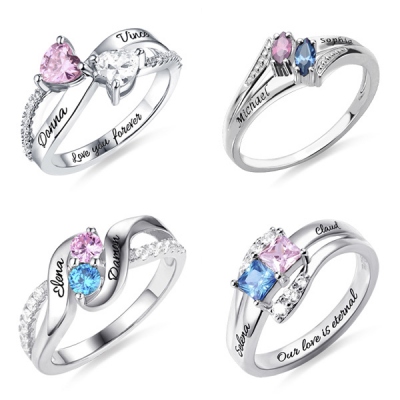 Personalisierter gravierter doppelter Geburtsstein mit unterschiedlich geformtem Versprechen-Ring
