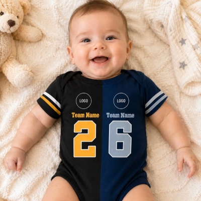 Personalized Split‑Team Baby Bodysuit With Name, House Divided Two‑Team Football Jersey Design, Game Day Infant Outfit, Baby Shower Gift for Newborn