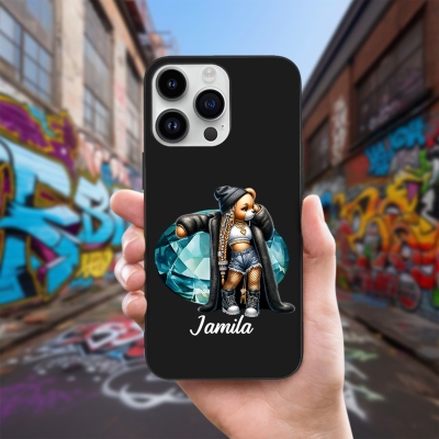 Personalized Hip-Hop Girl Teddy Bear Phone Case with Name & Birthstone, Soft TPU Phone Case for iPhone, Birthday Gift for Black Queens/Hip-Hop Lovers