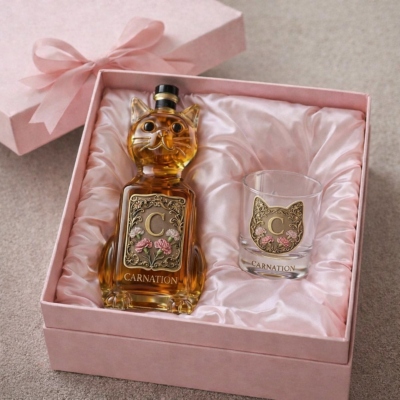 Personalized Cat-Shaped Whisky Glass/Bottle/Sets, Custom Name and Birth Flower, Mother’s Day/Valentine‘s Day/Birthday Gift for Women