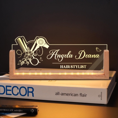 Personalized Hair Stylist Illuminated Desk Name Plate, Hairdresser LED Light Sign with Wooden Base, Birthday Gift for Hairstylists/Hairdressers