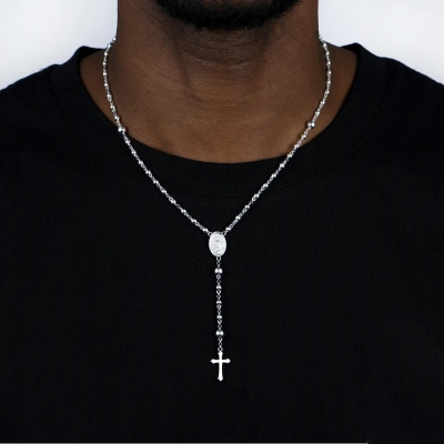 Gepersonaliseerde rozenkransketting met kruis van de Maagd Maria, 925 sterlingzilver, spirituele en religieuze sieraden, doop-/eerste communiecadeau voor hem/haar