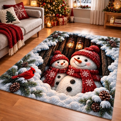 3D Snowmen Christmas Area Rug, Red Cardinal Bird Soft Microfiber Non-Slip Mat, Wooden Log Home Decor, Christmas/New Year Gift for Family/Friends