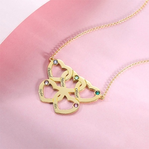 Engraved Five Hearts Necklace With Birthstones In Gold