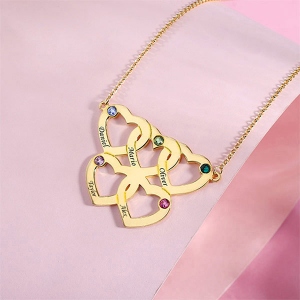Engraved Five Hearts Necklace With Birthstones In Gold