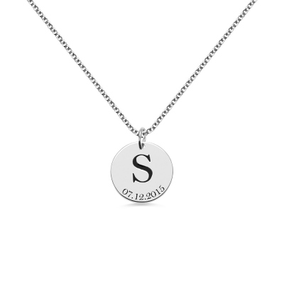 Personalized Initial and Date Disk Necklace in Silver