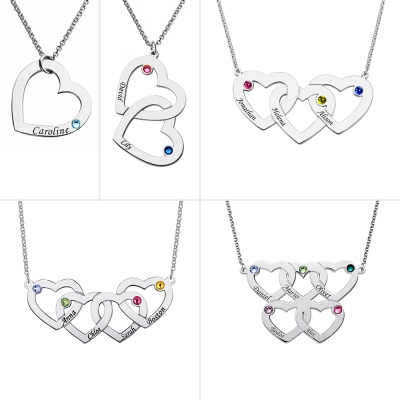 Engraved 1-5 Intertwined Hearts Birthstones Sterling Silver Necklace