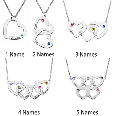 Engraved 1-5 Intertwined Hearts Birthstones Sterling Silver Necklace