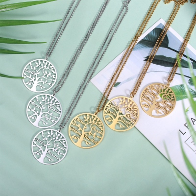Family Tree Necklace with 1-9 Name Engraved Gift for Mom
