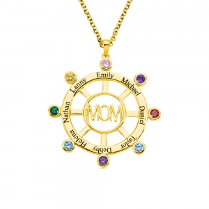 Personalized Steering Wheel Name & Birthstone Necklace in Gold Mom Necklace