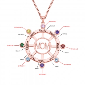 Personalized Steering Wheel Name & Birthstone Necklace in Rose Gold