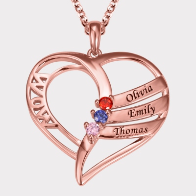 Personalized 3 Names and 3 Birthstones Family Necklace for Mother