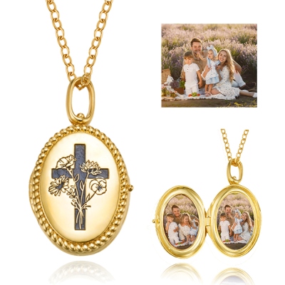 Personalized Birth Flower Bouquet Cross Locket Necklace with Photo, Engraved Christian Jewelry, Women's Necklace, Communion/Christmas Gift for Her/Mom