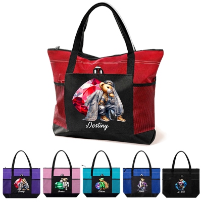 Custom Name & Birthstone Hip-Hop Girl Teddy Bear Tote Bag, Large Capacity Oxford Cloth Bag with Mesh Pockets, Gift for Black Queens/Hip-Hop Lovers