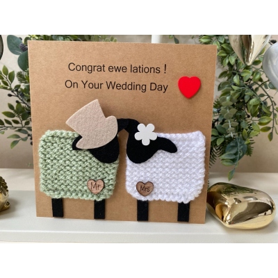 Personalized Handmade Knitted Farm Sheep Wedding Card, Funny Pun Mr Mrs Rustic Greeting Card, Sweet Engagement Bridal Shower Favor, Gift for Newlyweds