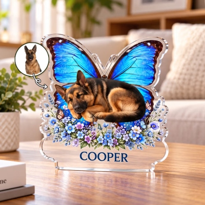 Personalized Name Pet Photo in Sleep Birth Flower Butterfly Acrylic Plaque, Memorial Ornament, Desktop Decor, Pet Loss/Sympathy Gift for Pet Owners