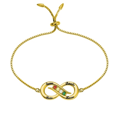 Personalized Infinity 4 names Bracelet with Birthstones in Gold