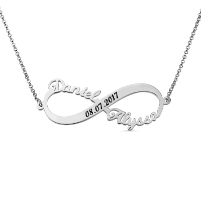 Custom Double Names Infinity Silver Necklace with Date