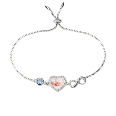 Personalized Heart Photo Bracelet with Birthstone Sterling Silver