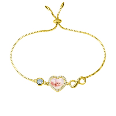 Personalized Heart Photo Bracelet with Birthstone in Gold