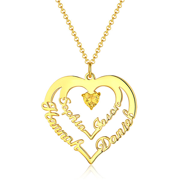 Personalized Heart Necklace with 4 Names & Birthstones in Gold