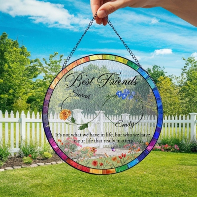 Custom Best Friend Names Stained Glass Suncatcher with Birth Flower, Window Hanging Decor, Friendship/Long Distance Gift for Soul Sisters/Besties/Her