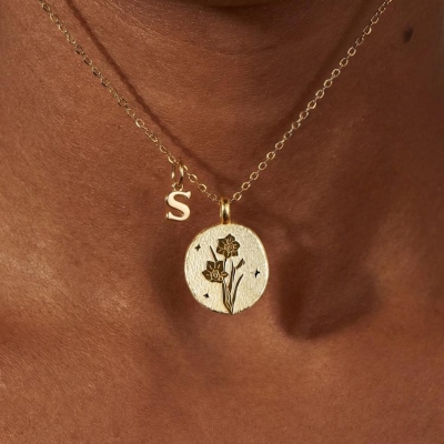 Personalized Birth Flower Necklace with Letter Charm, Sterling Silver 925 Double-Side Engraved Floral Pendant with Initials, Birthday Gift for Mom/Her