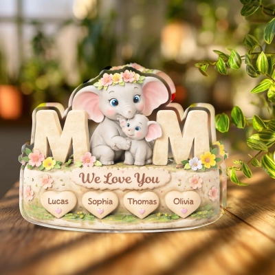 Custom Elephant Mom & Baby 3D Cartoon Plaque with 1-4 Names, Acrylic Floral Family Keepsake, Desk Decor, Birthday/Mother's Day Gift for Mom/Grandma