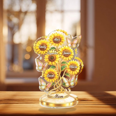 Custom Sunflower & Butterflies Mom Plaque with 1-6 Names, Acrylic Elegant Family Keepsake, Desk Decor, Birthday/Mother's Day Gift for Mom/Grandma