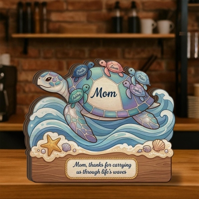 Personalisierte Namensplakette mit Meeresschildkröten-Mama und -Baby, Holzskulptur einer Meereswellenfamilie, Wohndekoration, Muttertags-/Geburtstagsgeschenk für Mama/Oma/Sie