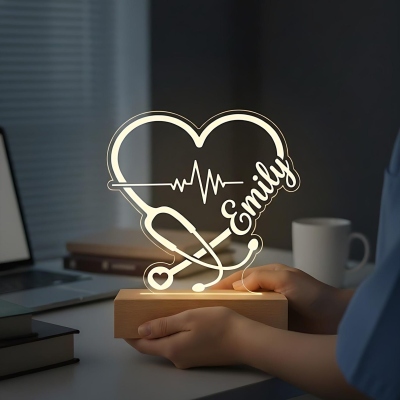 Custom Name Line Art Heart Stethoscope LED Night Light, Acrylic Night Lamp with Wooden Base, Appreciation/Graduation Gift for Nurses/Medical Staff