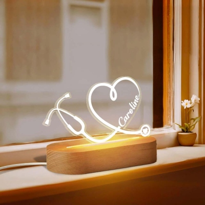 Custom Name Line Art Heart Stethoscope LED Night Light, Acrylic Night Lamp with Wooden Base, Appreciation/Graduation Gift for Nurses/Medical Staff