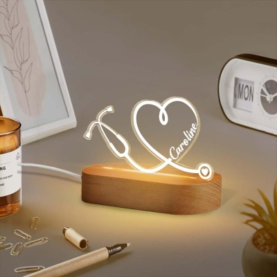 Custom Name Line Art Heart Stethoscope LED Night Light, Acrylic Night Lamp with Wooden Base, Appreciation/Graduation Gift for Nurses/Medical Staff