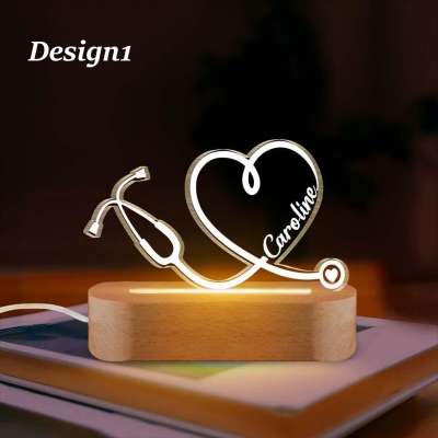 Custom Name Line Art Heart Stethoscope LED Night Light, Acrylic Night Lamp with Wooden Base, Appreciation/Graduation Gift for Nurses/Medical Staff