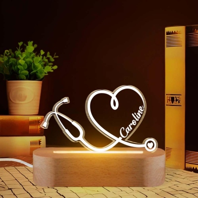 Custom Name Line Art Heart Stethoscope LED Night Light, Acrylic Night Lamp with Wooden Base, Appreciation/Graduation Gift for Nurses/Medical Staff