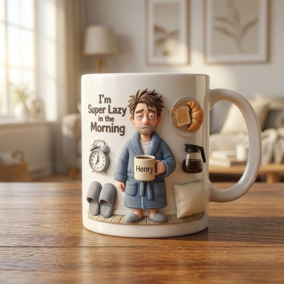 Personalized Name Cartoon Lazy Boy & Girl Morning Mug, 11oz/15oz Two Tone Ceramic Coffee Tea Cup with Handle, Humor Birthday Gift for Men/Women