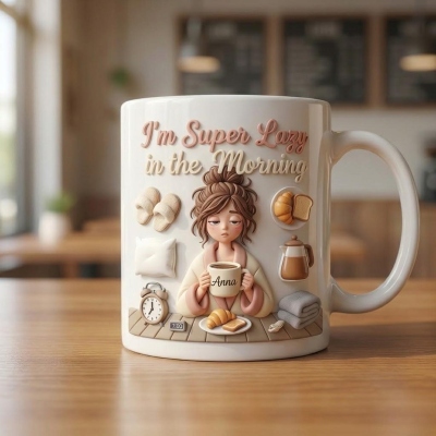 Gepersonaliseerde ochtendmok met cartoonprint van een lui jongetje en een lui meisje, 325 ml/445 ml, tweekleurige keramische koffie- en theekop met handvat, humoristisch verjaardagscadeau voor mannen/vrouwen