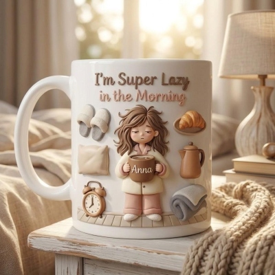 Gepersonaliseerde ochtendmok met cartoonprint van een lui jongetje en een lui meisje, 325 ml/445 ml, tweekleurige keramische koffie- en theekop met handvat, humoristisch verjaardagscadeau voor mannen/vrouwen