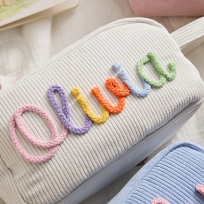 Personalized Embroidered Name Colorful Corduroy Pencil Bag, Portable Pen Pouch with Cute Accessory, Stationery Organizer, Back to School Gift for Kids