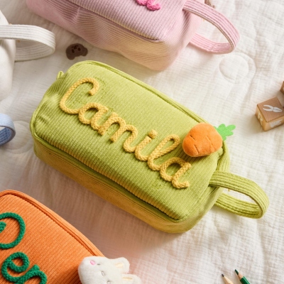 Personalized Embroidered Name Colorful Corduroy Pencil Bag, Portable Pen Pouch with Cute Accessory, Stationery Organizer, Back to School Gift for Kids