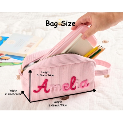 Personalized Embroidered Name Colorful Corduroy Pencil Bag, Portable Pen Pouch with Cute Accessory, Stationery Organizer, Back to School Gift for Kids
