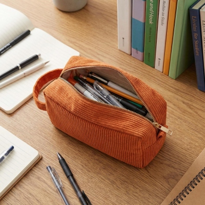 Personalized Embroidered Name Colorful Corduroy Pencil Bag, Portable Pen Pouch with Cute Accessory, Stationery Organizer, Back to School Gift for Kids