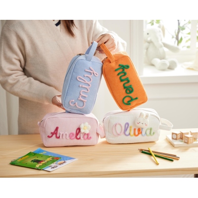 Personalized Embroidered Name Colorful Corduroy Pencil Bag, Portable Pen Pouch with Cute Accessory, Stationery Organizer, Back to School Gift for Kids