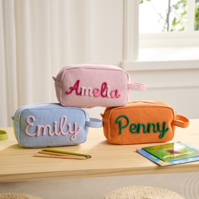 Personalized Embroidered Name Colorful Corduroy Pencil Bag, Portable Pen Pouch with Cute Accessory, Stationery Organizer, Back to School Gift for Kids