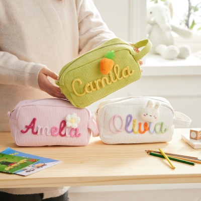 Personalized Embroidered Name Colorful Corduroy Pencil Bag, Portable Pen Pouch with Cute Accessory, Stationery Organizer, Back to School Gift for Kids