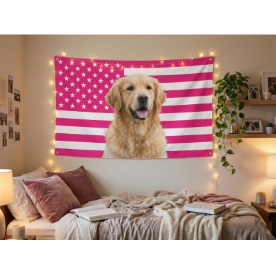 Custom Photo Colorful Striped American Flag Tapestry, Cute Patriotic Wall Hanging Banner, Room Decor, Gift for American Family/Pet Lovers/Friends
