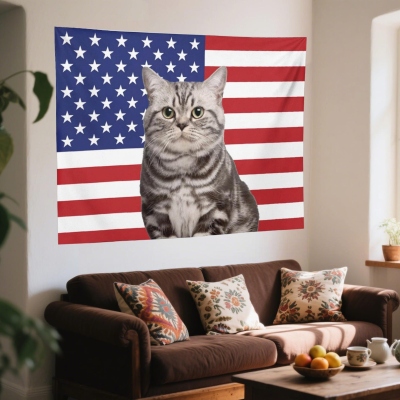 Op maat gemaakt wandtapijt met kleurrijke strepen van de Amerikaanse vlag, een schattige patriottische wandbanner, kamerdecoratie, cadeau voor Amerikaanse familie/dierenliefhebbers/vrienden.