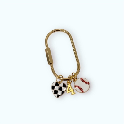 Personalized Sports Ball Charm Gold Oval Keychain, Dainty Jersey Number Initial Checkered Heart Key Ring, Birthday Gift for Sport Lovers/Coaches