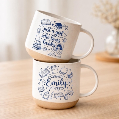 Personalized Just A Girl Who Loves Books Pottery Mug with Name, 12oz Ceramic Coffee Tea Mug, Bookish Keepsake, Birthday Gift for Book Lovers/Girls