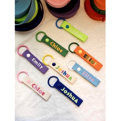 Custom Embroidered Name Webbing Keychain, Multicolor Thick Woven Key Ring, Travel Backpack Luggage Identification Tag, Back to School Gift for Kids